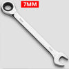 A silver 7mm universal ratchet torque wrench is shown against a light gray background.