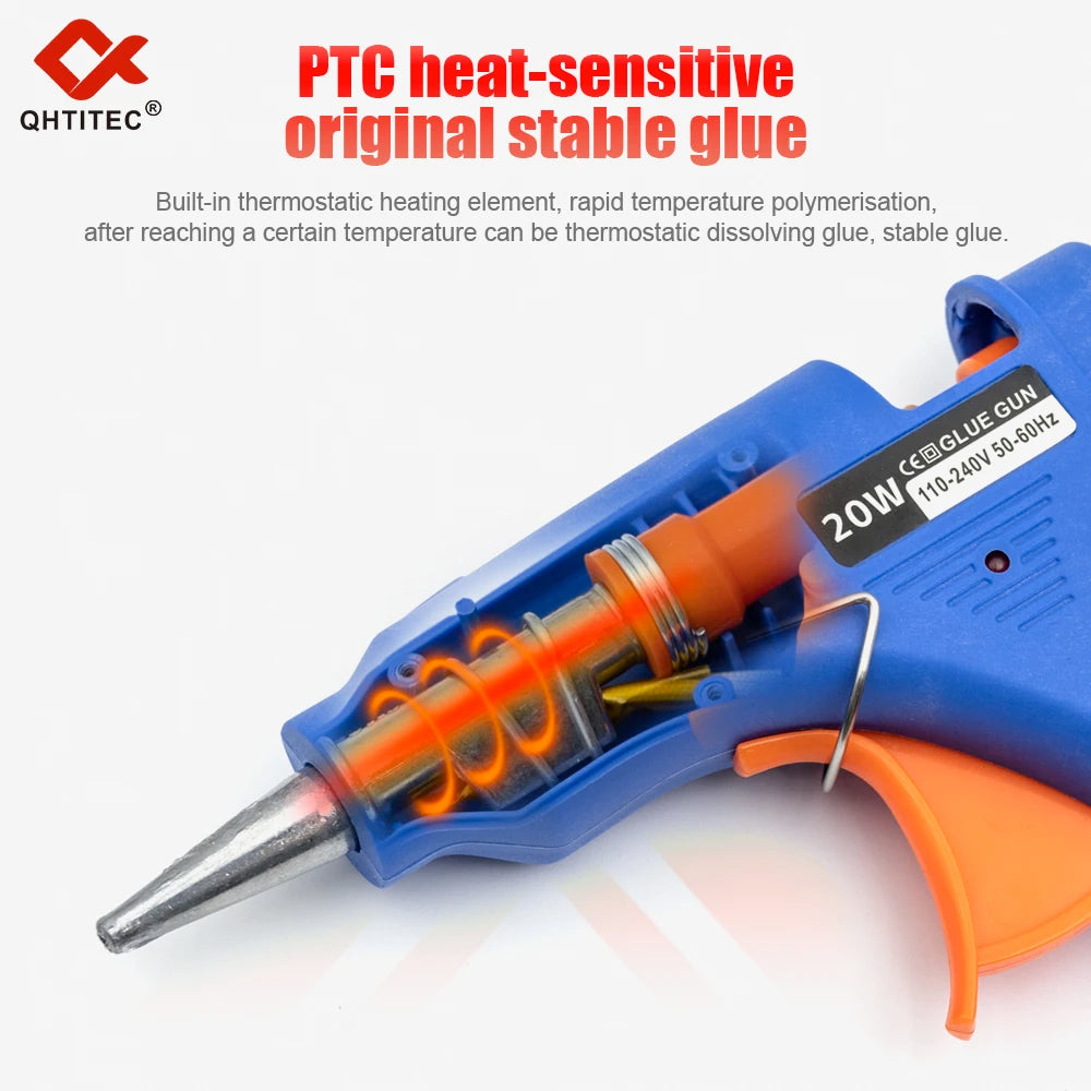 A blue hot melt glue gun with an orange tip and a metal stick is shown, used for applying heat-sensitive glue.