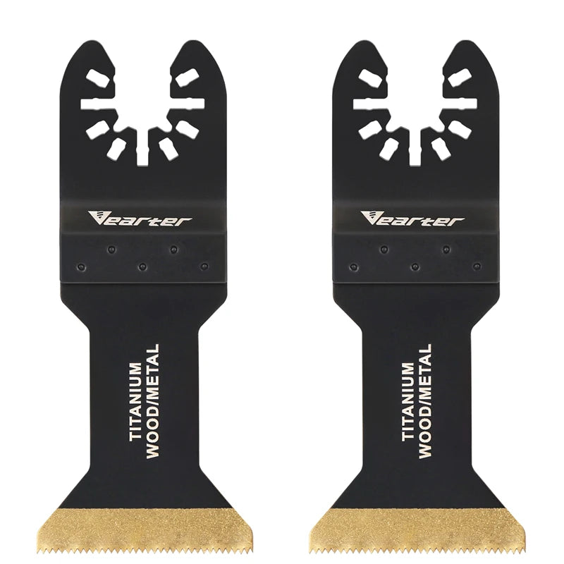 A pair of black titanium coated oscillating saw blades with gold-colored teeth.