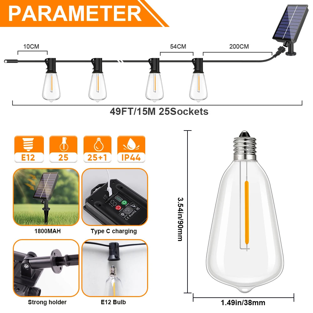 Set von 49ft/15m Solar-Lichter mit 25 Sockeln, E12-Glühbirnen und Type-C-Ladefunktion.