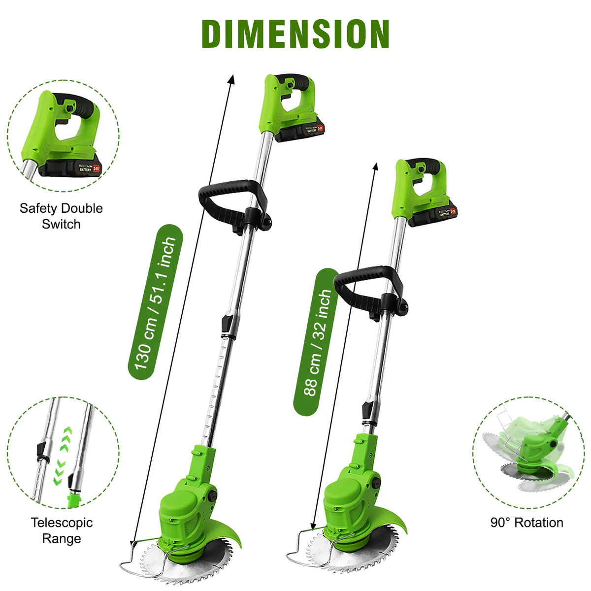 A green 2-in-1 cordless electric lawn trimmer showing its dimension, safety switch, telescopic range, and 90 degree rotation.