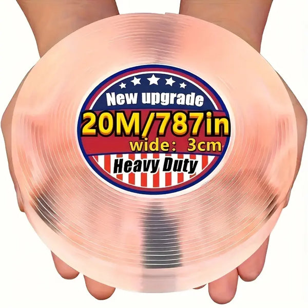A hand holds a roll of heavy-duty transparent double-sided adhesive tape with a circular label indicating a new upgrade and d