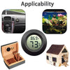 A compact digital hygrometer thermometer is shown alongside a car interior, a plant, and a wooden box with a small house mode