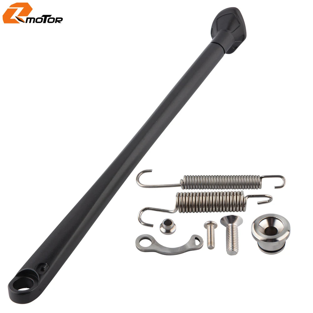 Black motorcycle side stand kickstand kit with spring and mounting hardware