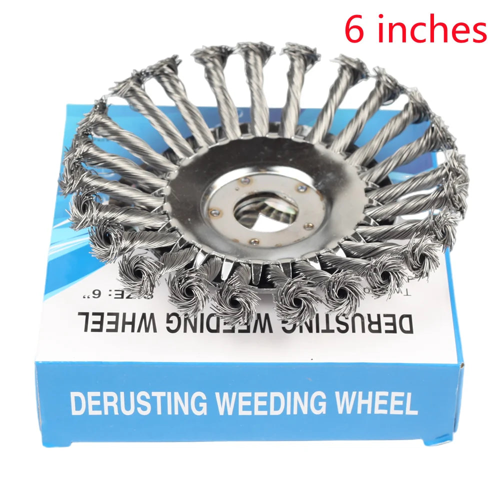 A 6 inch derusting weeding wheel for lawn mowers, shown on its packaging.