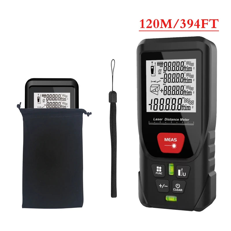 A black laser distance meter tool with a carrying pouch and a separate laser rod.
