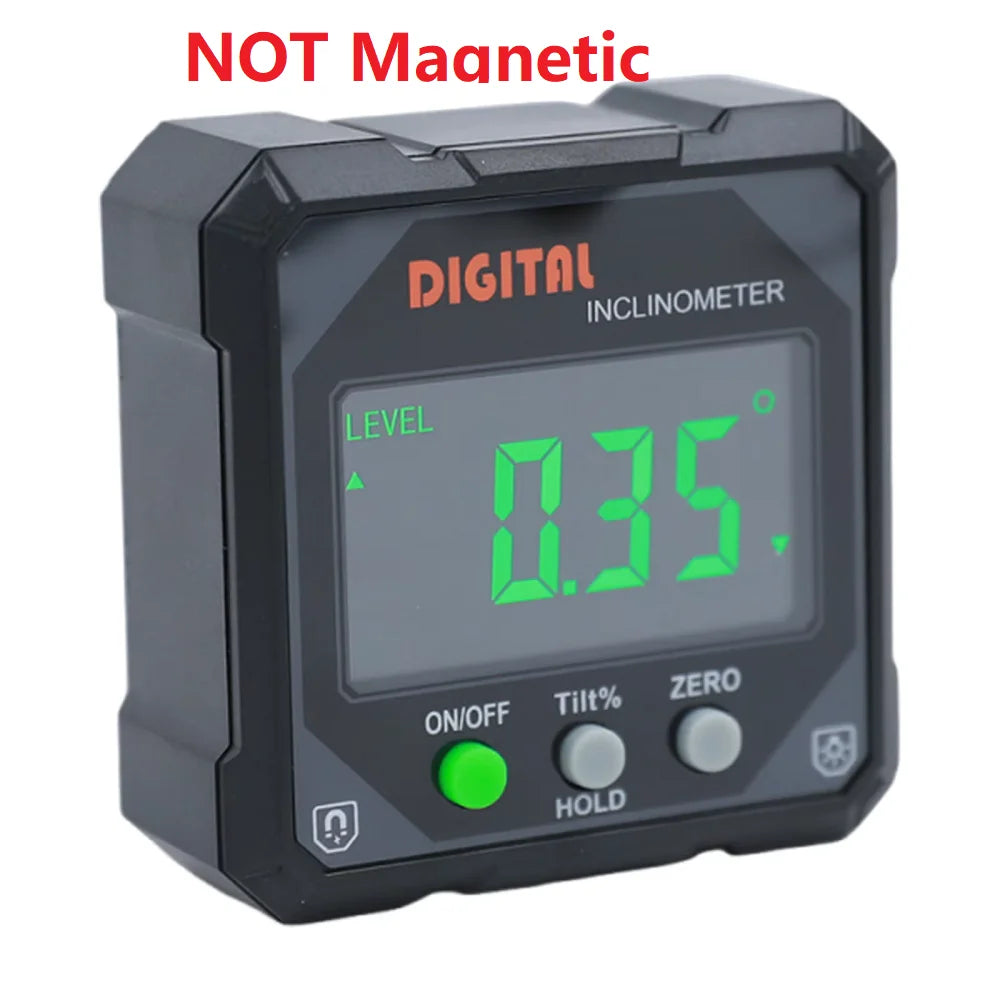 A black digital inclinometer device with a green display showing 0.35 degrees.
