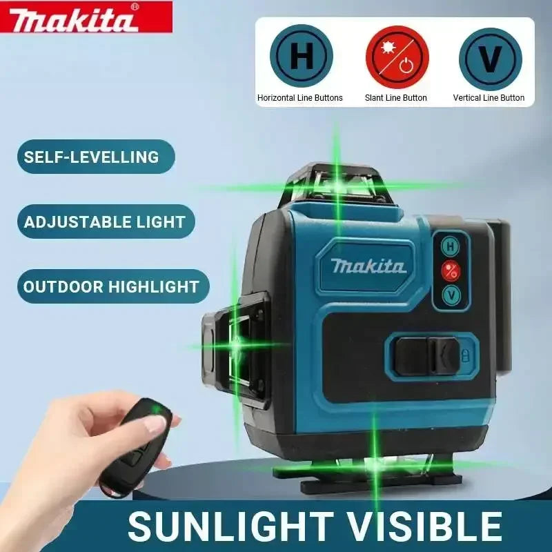 A Makita self-leveling tool with adjustable light and outdoor highlight features is shown on a surface.