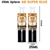 A bottle of 25ml two-piece AB Super Glue epoxy resin adhesive with a black cap and clear liquid.