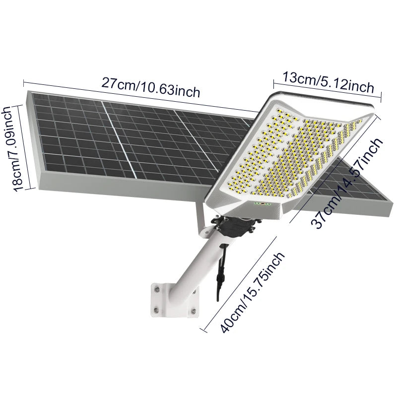 A high-power solar street light featuring a solar panel and an LED light, shown with various dimensions.