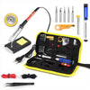 A professional soldering iron kit includes a soldering iron, a digital multimeter, and various tools in a yellow case.