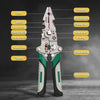 A pair of silver and green multifunctional foldable pliers with various tools like a screw, wrench, wire cutting line, and cr