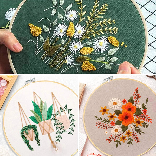Stickerei-Startkit mit verschiedenen Blumenmotiven und Stichbeispielen auf Stoff