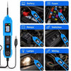 A blue digital automotive circuit tester tool with various probes and components for quick circuit checks.