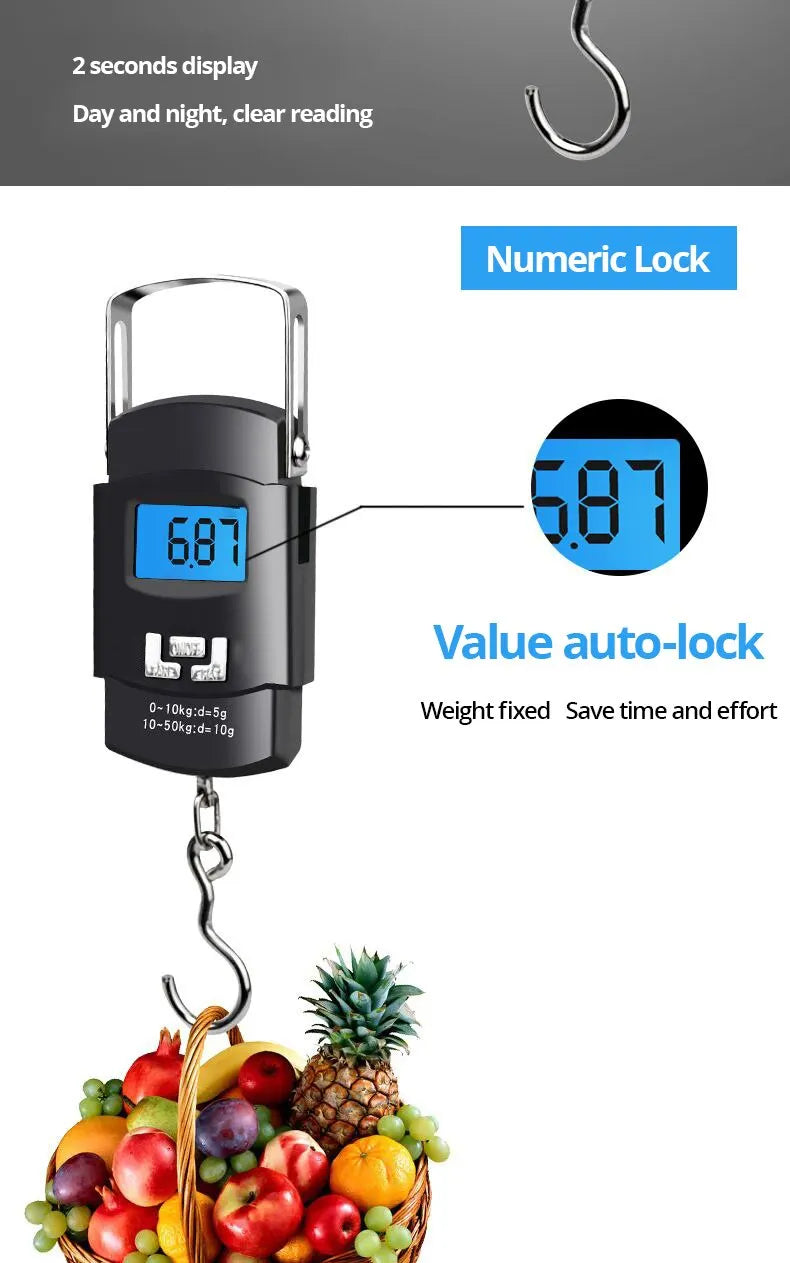 A black digital luggage scale with a hook is shown measuring fruit in a basket.