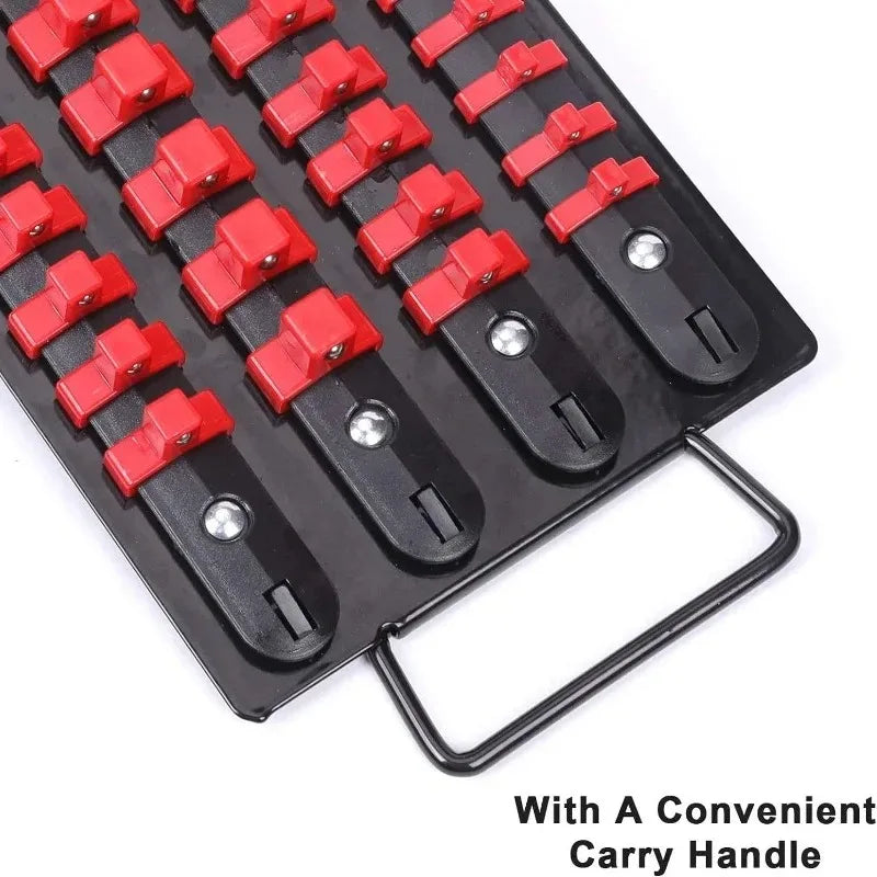 Black socket organizer rack with red handles and a convenient carry handle