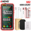 Red digital multimeter with a display showing -6.000 and 8.888, surrounded by various test leads and accessories.