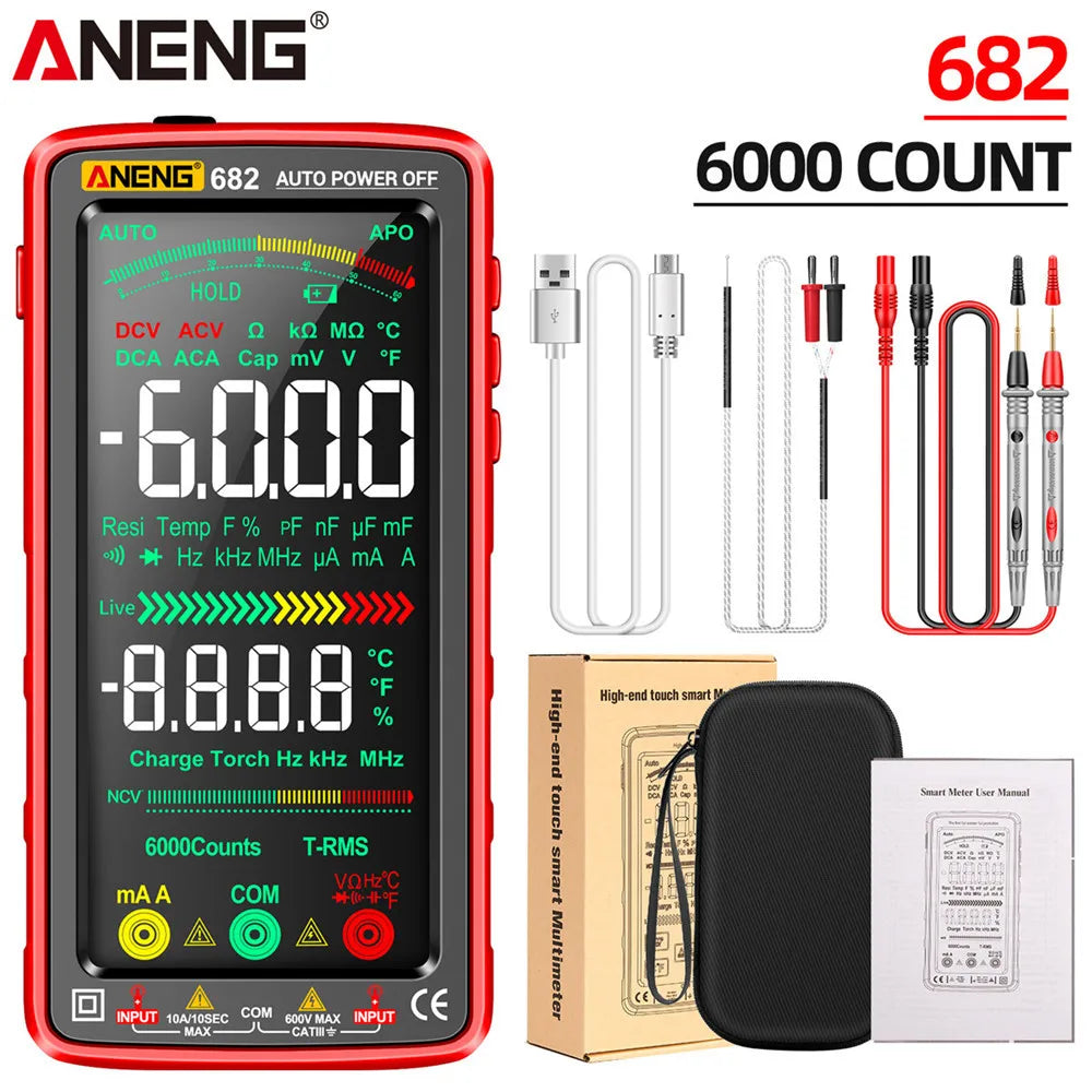 Red digital multimeter with a display showing -6.000 and 8.888, surrounded by various test leads and accessories.