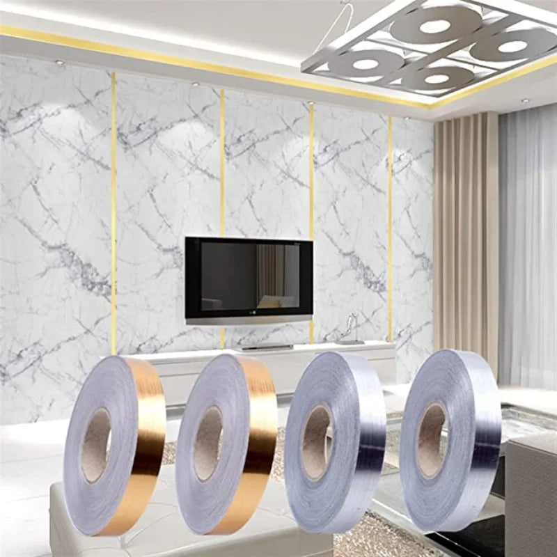 Rolls of self-adhesive decorative tile gap tape in silver and gold colors displayed on a modern interior background.