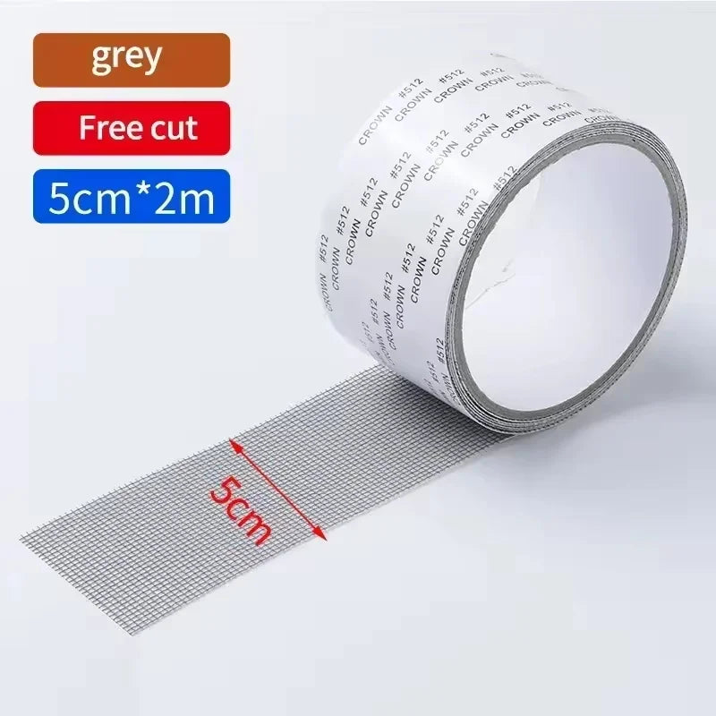 Roll of grey free cut mesh repair tape with a 5cm by 2m section shown next to the roll.