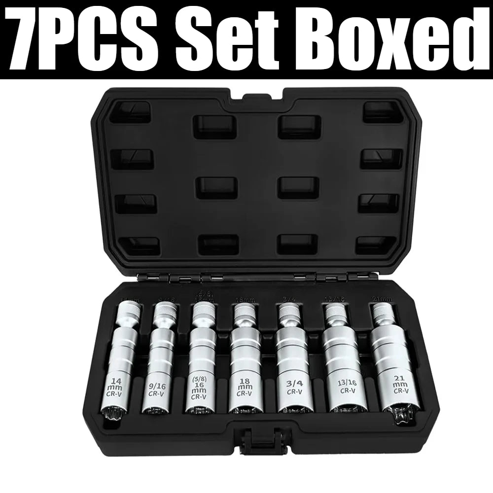 A boxed set of seven spark plug sockets and tools for automotive repair.