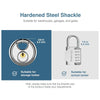 A close-up view of a hardened steel shackle and padlock suitable for warehouses, garages, and gates.
