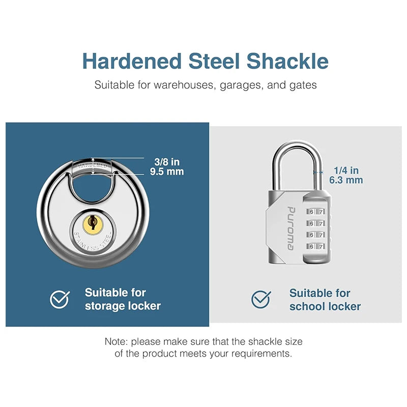 A close-up view of a hardened steel shackle and padlock suitable for warehouses, garages, and gates.