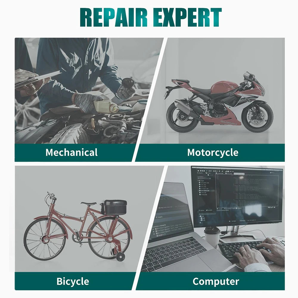 Collage showing repair expertise with images of a motorcycle, bicycle, and computer equipment.