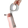 A hand is peeling off a roll of self-adhesive repair tape for window screens from a pink plastic container.