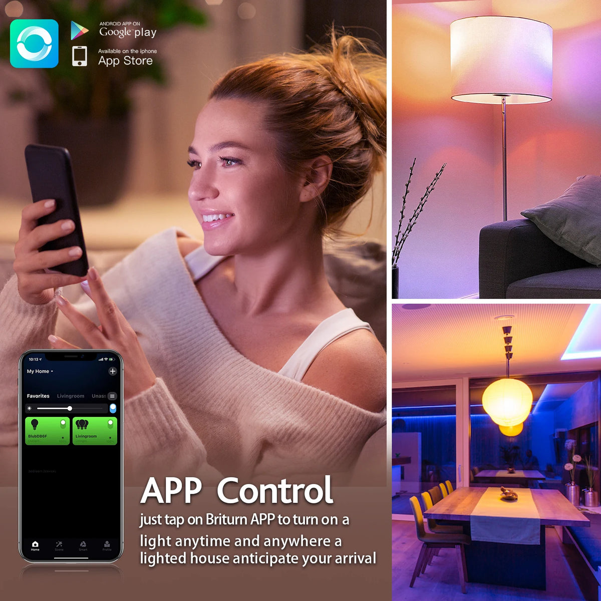 A woman smiling while using a smartphone to control a smart light bulb system.