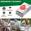 Emergency blanket product showing various uses including portability, moistureproof, heat preservation, and windproof feature