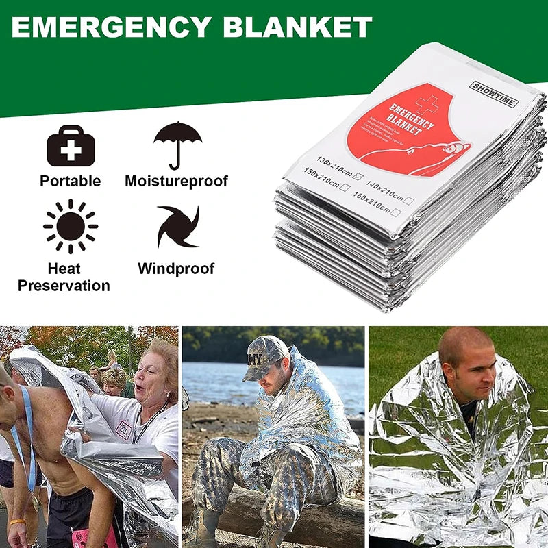 Emergency blanket product showing various uses including portability, moistureproof, heat preservation, and windproof feature
