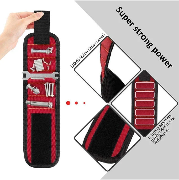 A black magnetic wristband tool holder with multiple slots for screws and nails, showing its structure and strength.