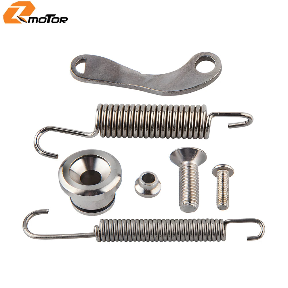 Kit of motorcycle side stand components including a metal hook, coil springs, and fasteners
