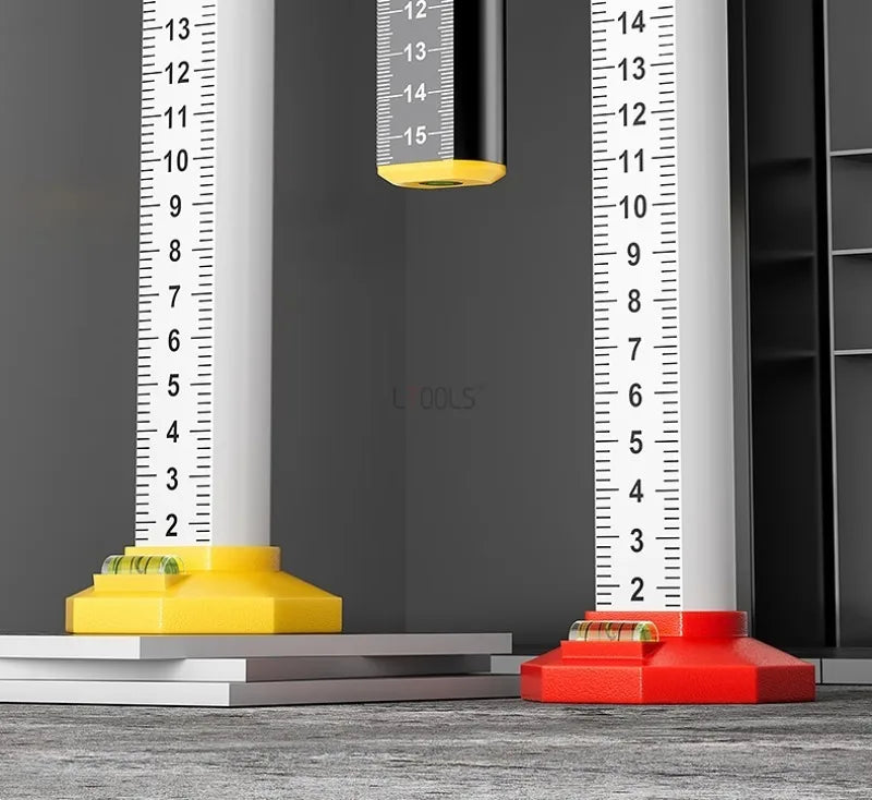 A precision ceiling leveling tool is shown measuring a vertical surface with colored indicators.