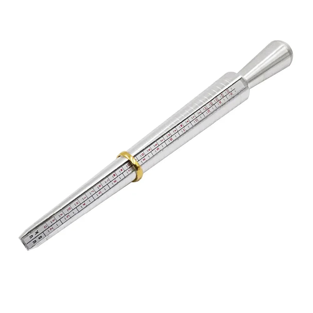 A precision metal ring sizer kit with a graduated scale for measuring rings.