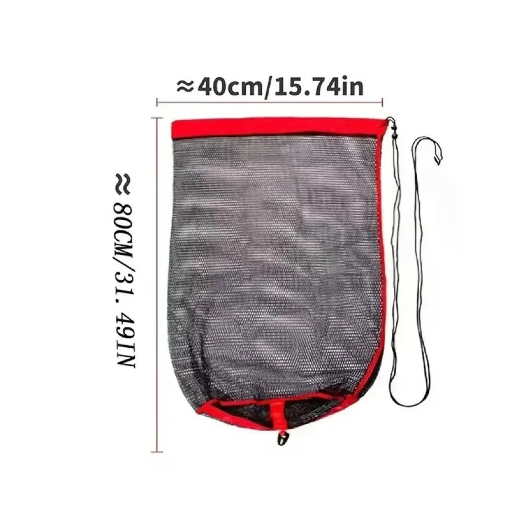 A black collapsible live fish net with a red rim and attached strings.