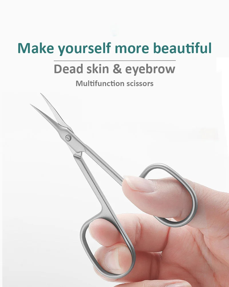 A hand holds a pair of stainless steel multifunction scissors used for dead skin and eyebrow grooming.