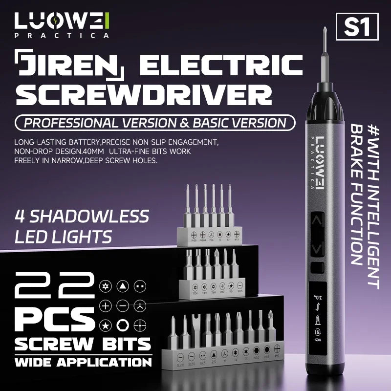 Version professionnelle d'un tournevis électrique Jiren avec 4 LED sans ombre et 22 embouts de vis pour une large application