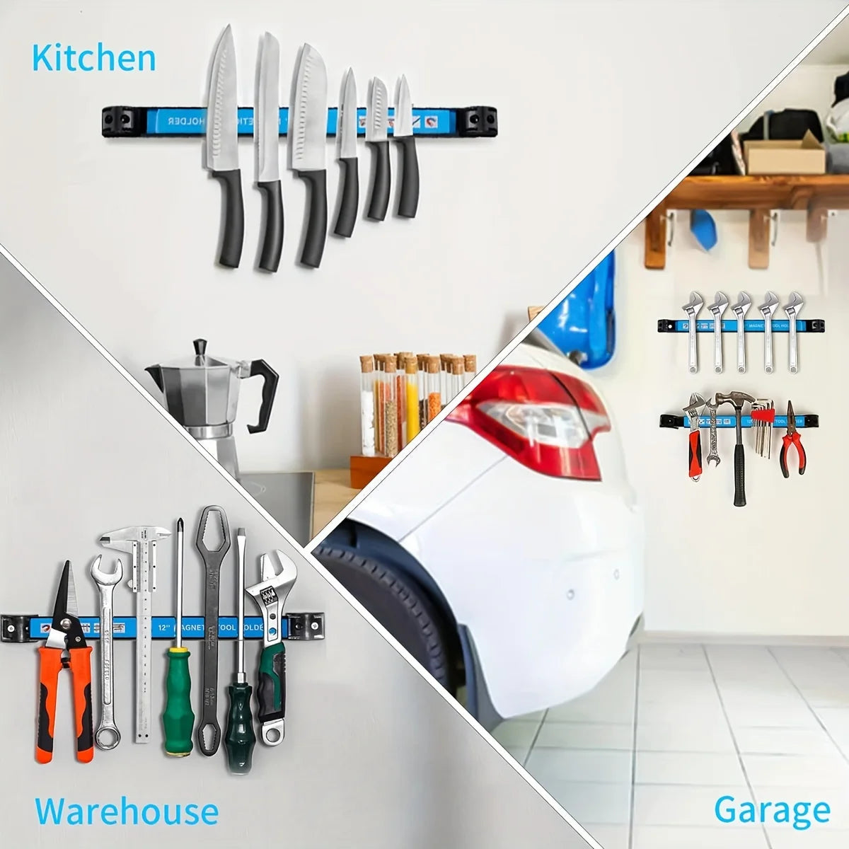 A display of heavy duty magnetic tool rack organizers and various hand tools mounted on a wall in a kitchen or garage setting