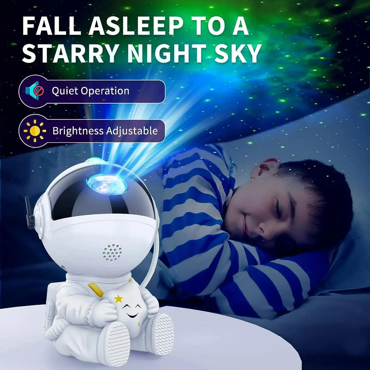 Una luz nocturna de proyector estrella blanca ilumina a una persona durmiendo en una habitación oscura.