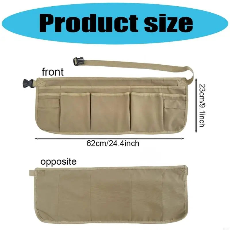 Vorder- und Rückansicht eines beigefarbenen, wasserabweisenden Werkzeug-Aprons mit mehreren Taschen für DIY und Gartenarbeit