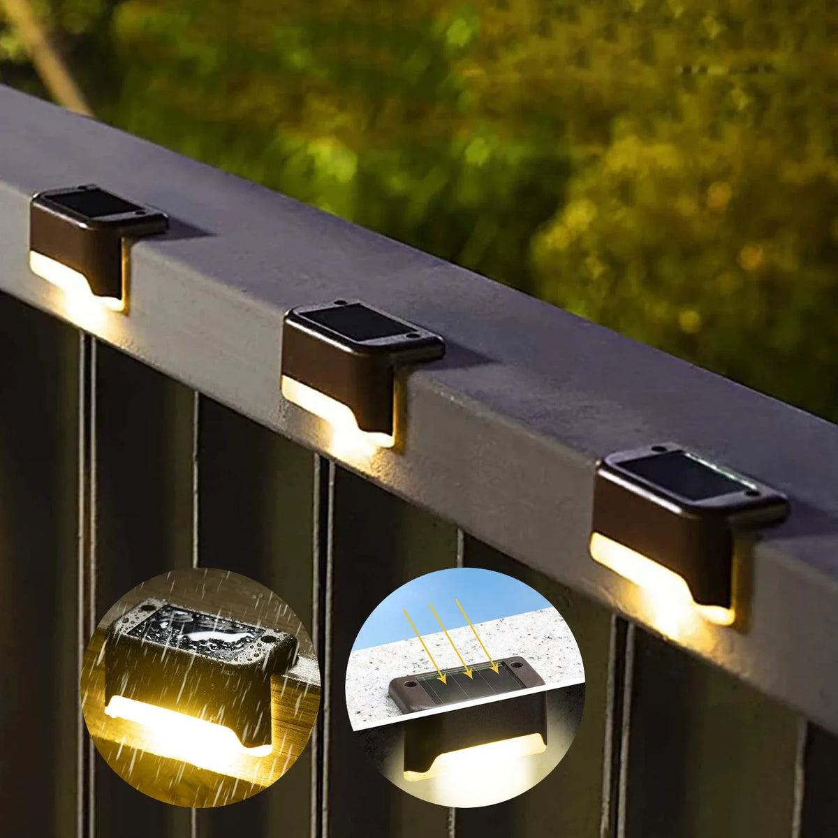 Close-up of solar LED outdoor lights mounted on a deck railing, showing the light beam and installation detail.