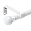 A white heavy duty curtain rod with a spherical finial and mounting bracket.