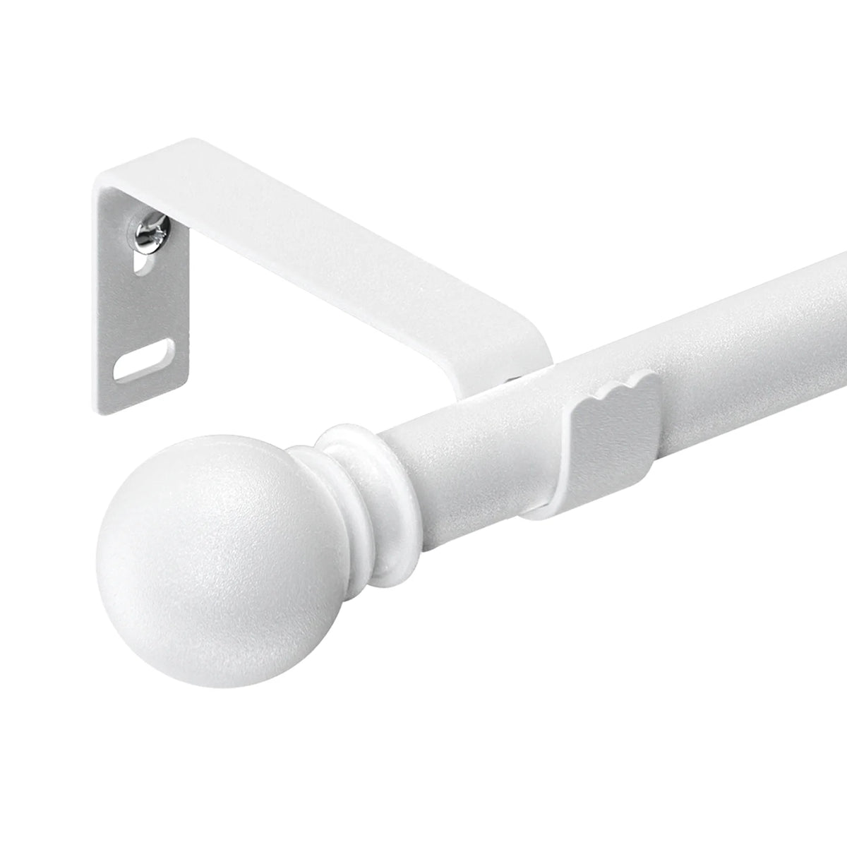 A white heavy duty curtain rod with a spherical finial and mounting bracket.