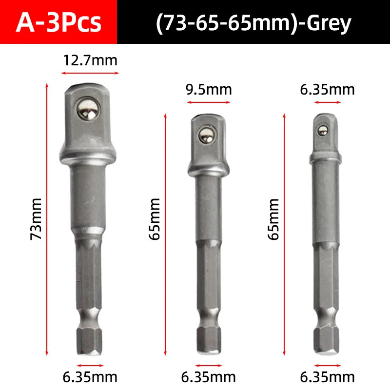 A 3pcs grey socket adapter set with various lengths including 73mm, 65mm, and 6.35mm.