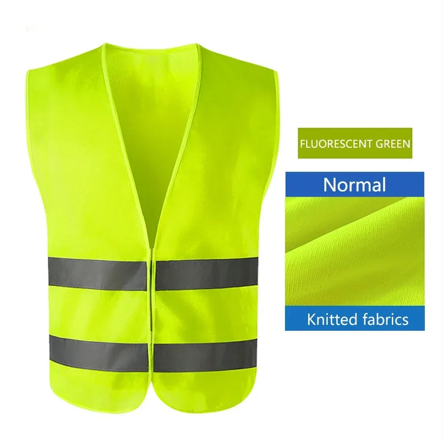A bright fluorescent green knitted fabric safety vest with reflective gray stripes.