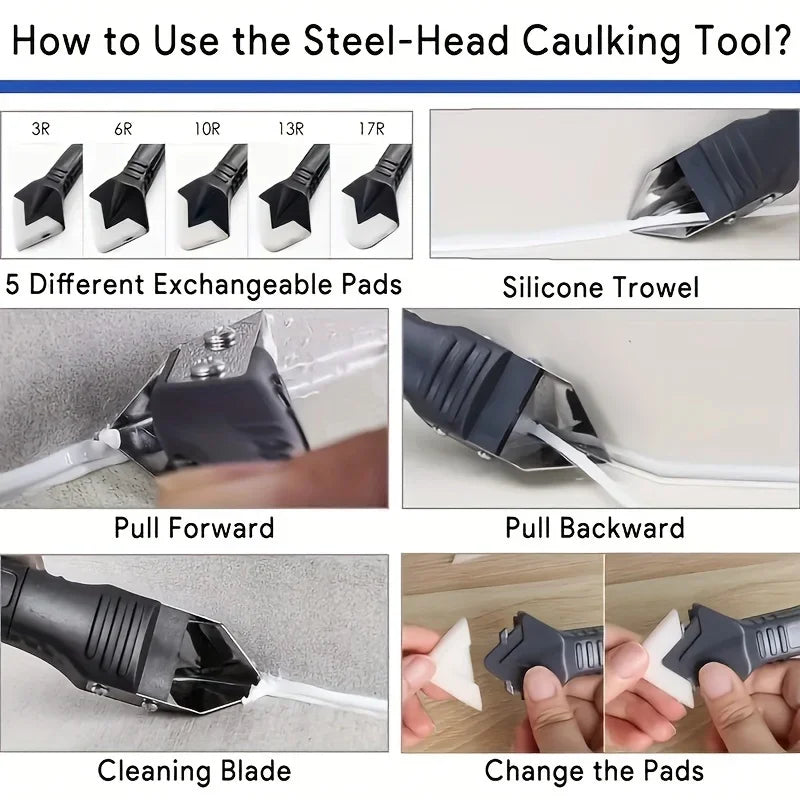 Diagram showing how to use the steel-head caulking tool, including interchangeable pads and cleaning blade.