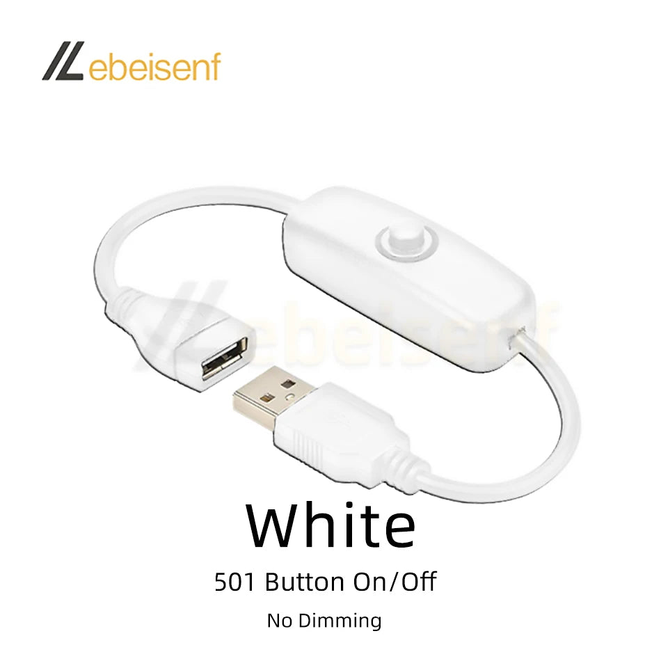 White USB to DC LED controller cable with a switch and connector.