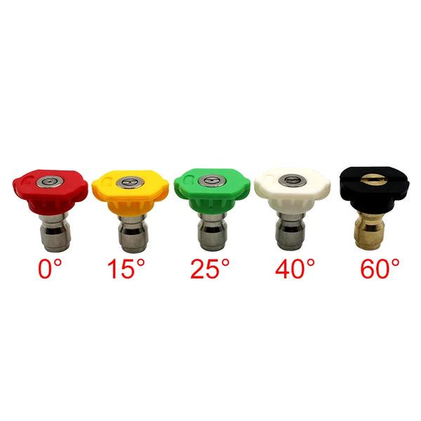 Set of six colored high-pressure spray nozzles showing different spray angles: 0°, 15°, 25°, 40°, and 60°.